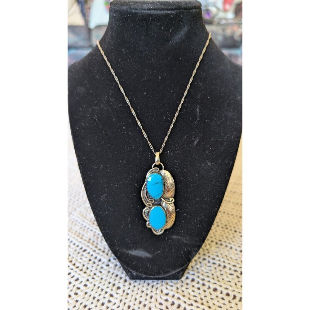 Vtg Native American Navajo Sterling silver Turquoise Pendant 10.9g patina signed